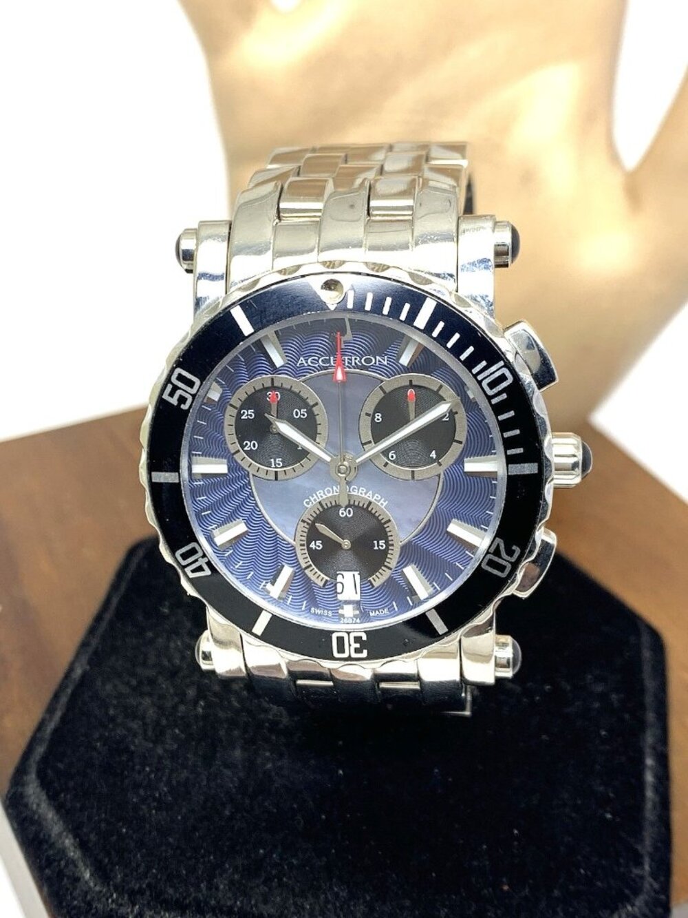 Bulova Accutron Men's Watch 26B74 Swiss Quartz Chronograph Blue Black Dial Steel
